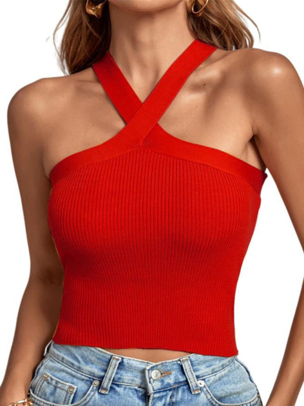 New style cross hanging neck strap small vest knitted backless bandage tube top sweater