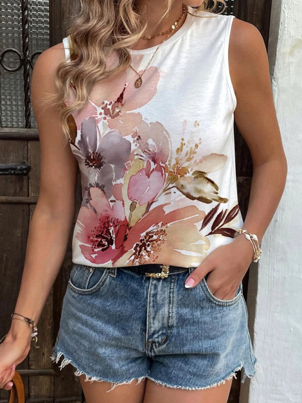 Women's Summer New Positioning Painted Flowers Fashion Vest Casual Tops