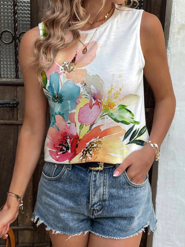 Women's Summer New Positioning Painted Flowers Fashion Vest Casual Tops