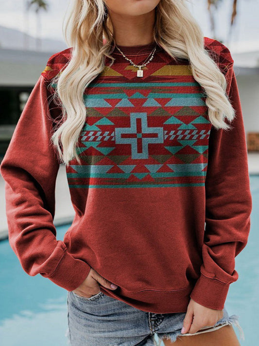 Long Sleeve Crewneck Western Print Sweatshirt