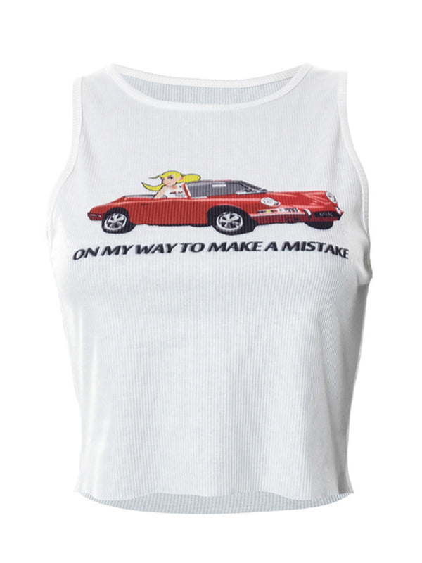 Round Neck Pullover Sleeveless Car Print Crop T-Shirt