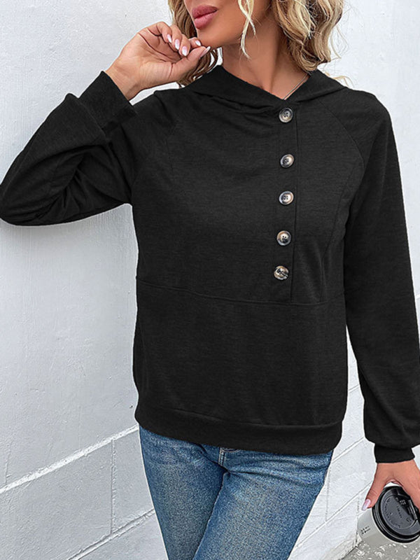 New women's long-sleeved hooded open button collar solid color sweater