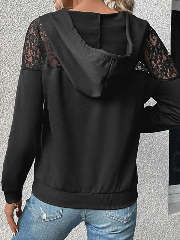 New long-sleeved black lace stitching women's hooded sweater