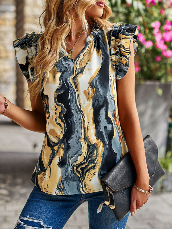 V-neck ruffled floral temperament top