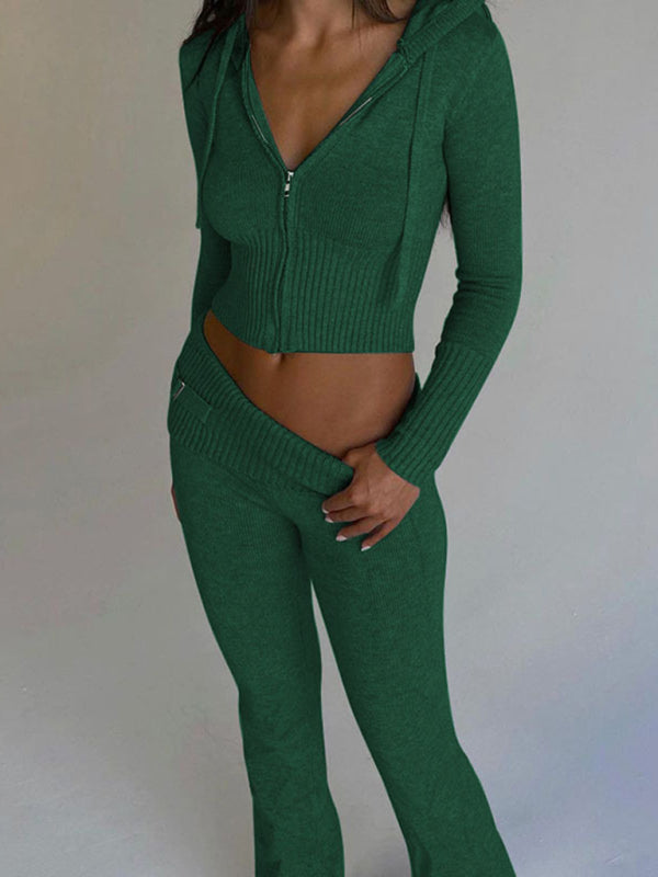 Knitted hooded set women's long sleeved pants two-piece set