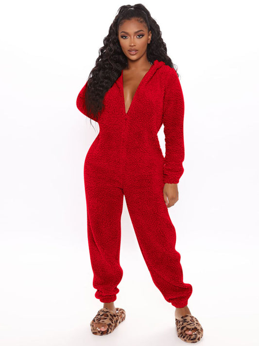 Long Sleeve Hooded Casual Jumpsuit Pants Plush Loungewear