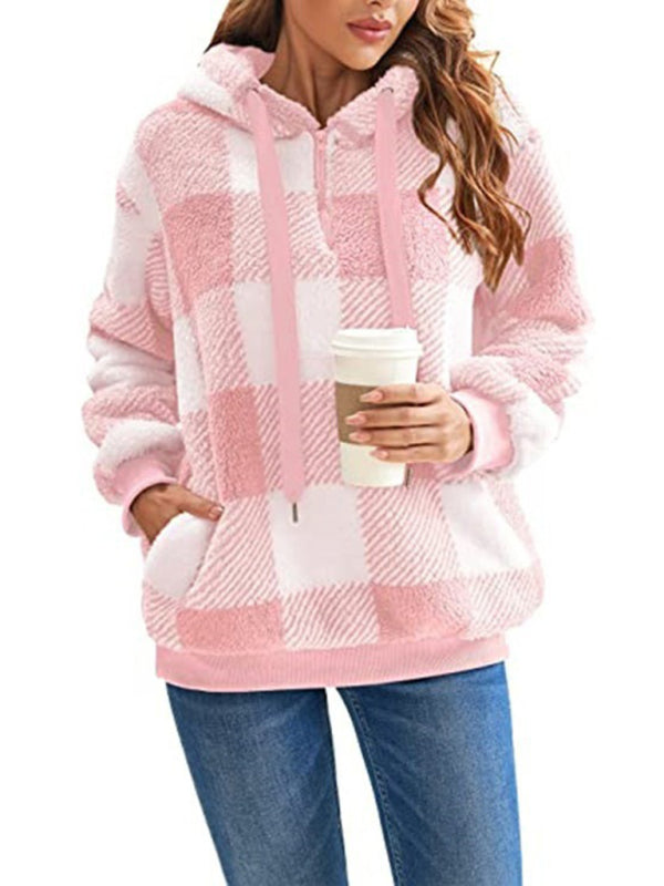 Long sleeve hooded plaid plush women's sweatshirt