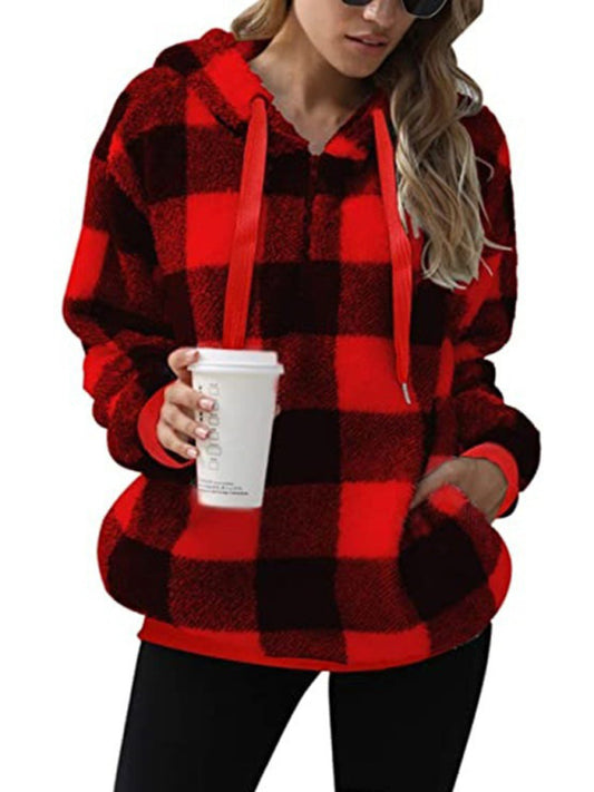 Long sleeve hooded plaid plush women's sweatshirt