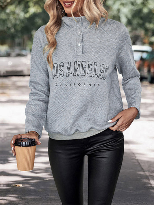 New Women's Long Sleeve Lettered Button Lapel Sweatshirt