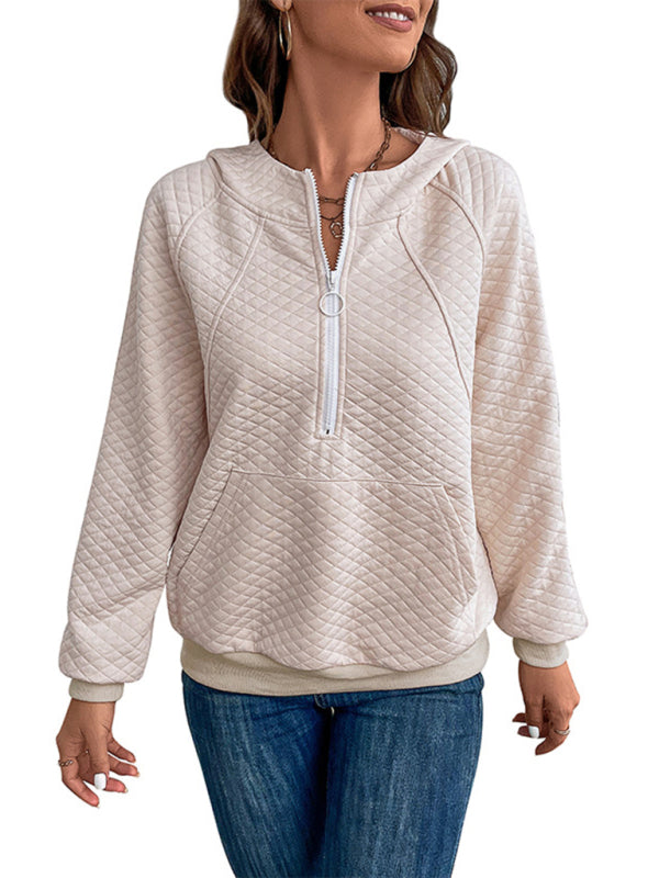 Women's hooded long-sleeved solid color diamond check sweatshirt