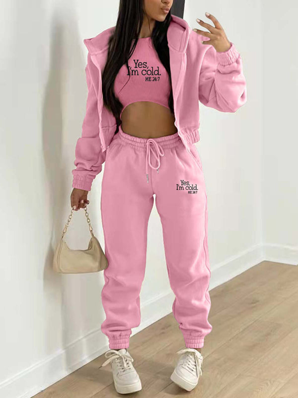 **Women's Fashion Casual Slogan Tracksuit Set**