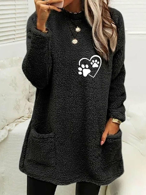 Women's new loose long-sleeved love foot print round neck sweatshirt