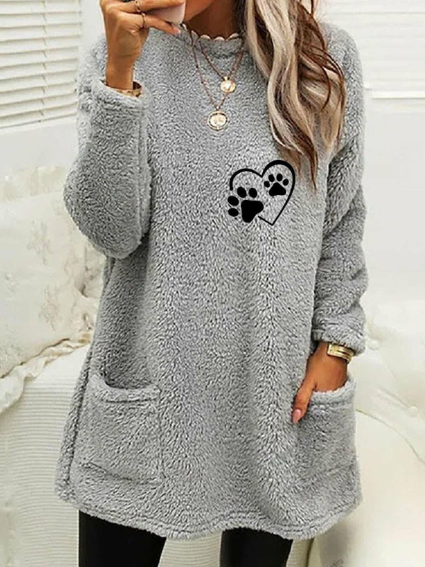 Women's new loose long-sleeved love foot print round neck sweatshirt