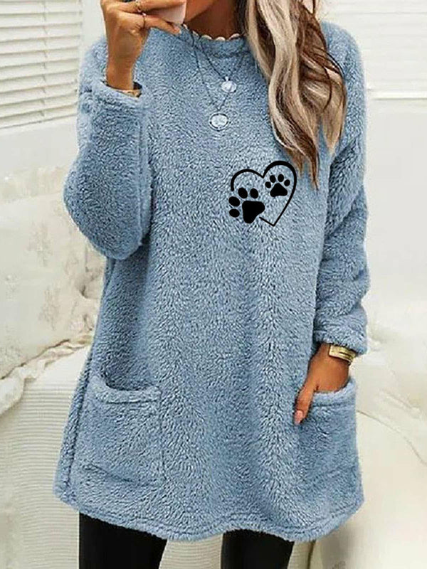 Women's new loose long-sleeved love foot print round neck sweatshirt