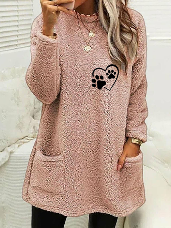 Women's new loose long-sleeved love foot print round neck sweatshirt