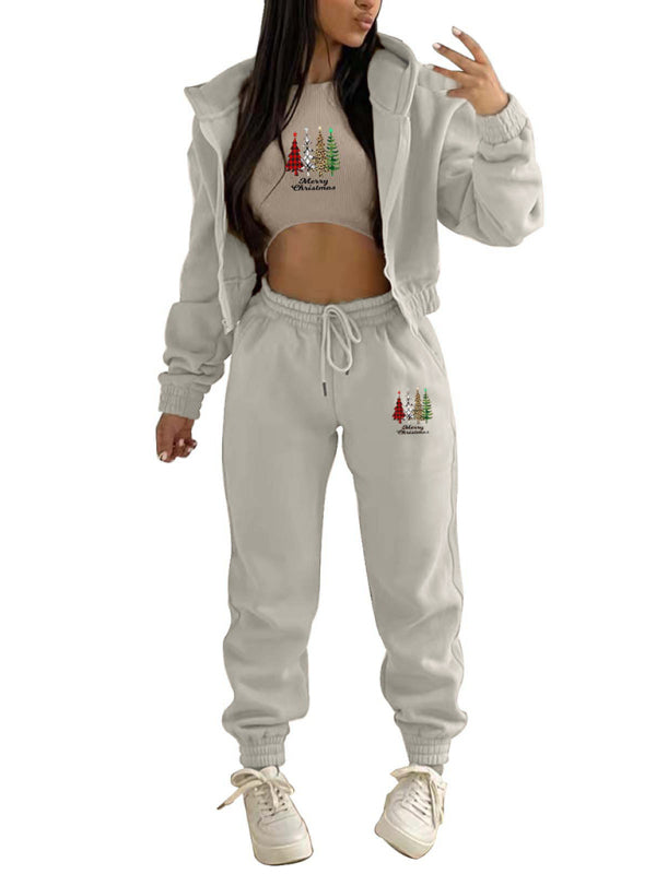 New velvet sweatshirt Christmas tree print hooded sports and leisure suit (three-piece set)