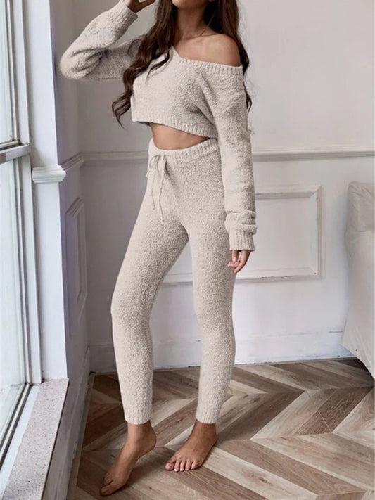 V-neck short knitted sweater women's drawstring lace-up trousers fashion suit