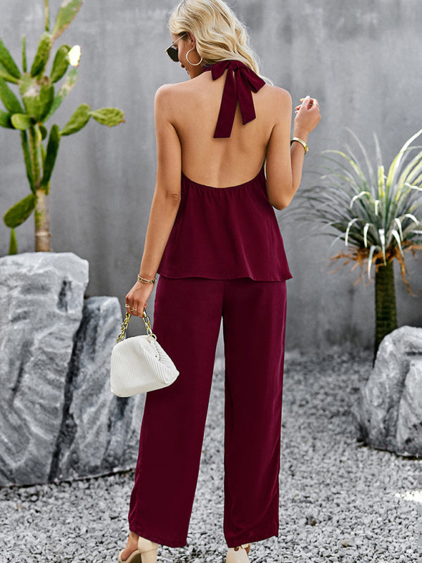 Women's new elegant and fashionable halterneck sleeveless tops and straight pants two-piece set