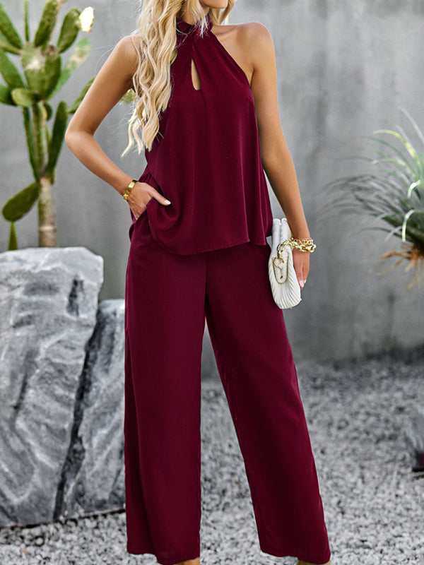 Women's new elegant and fashionable halterneck sleeveless tops and straight pants two-piece set