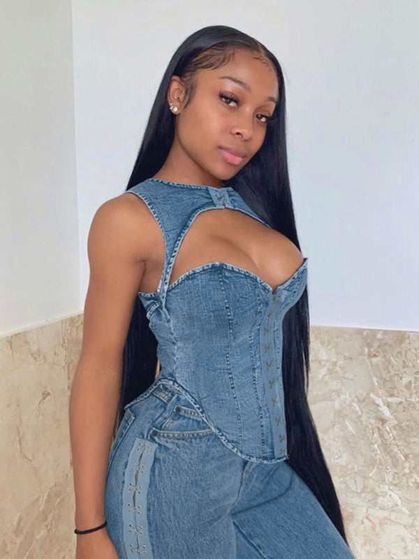 Women's slim fit hollow sexy denim vest