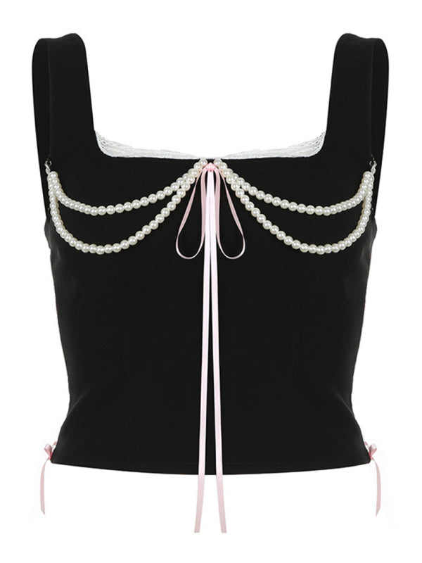 Women's new style French pearl suspender lace splicing strap waist vest