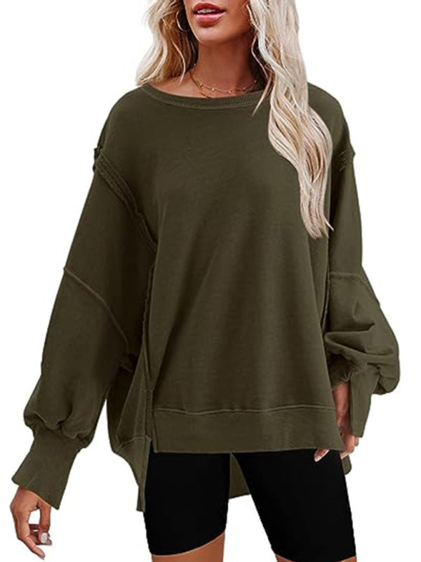 Women's round neck loose side slit long sleeve sweatshirt