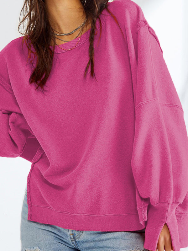 Women's round neck loose side slit long sleeve sweatshirt