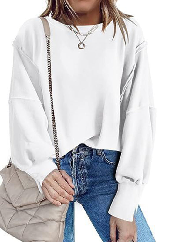 Women's round neck loose side slit long sleeve sweatshirt