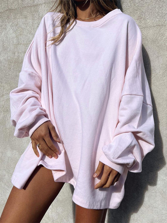 Women's Fashion Casual Solid Color Loose Long Sleeve Round Neck Long Sweatshirt