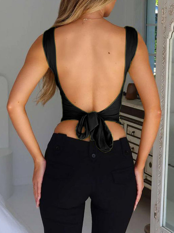 Spring and summer women's suspender cross large V-neck backless lace-up fashionable top