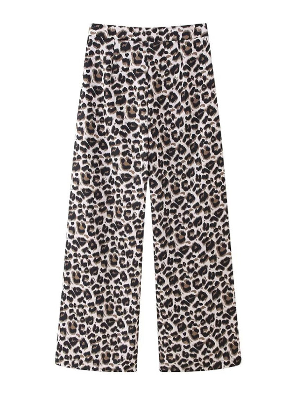 New V-neck bow decorated leopard print vest/high waist slim straight leopard print pants