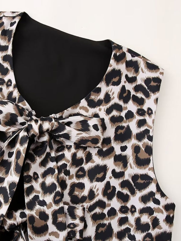 New V-neck bow decorated leopard print vest/high waist slim straight leopard print pants