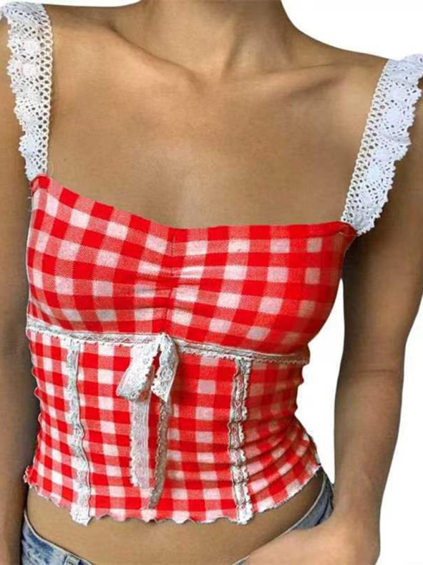 Spliced lace small suspender slim short plaid vest