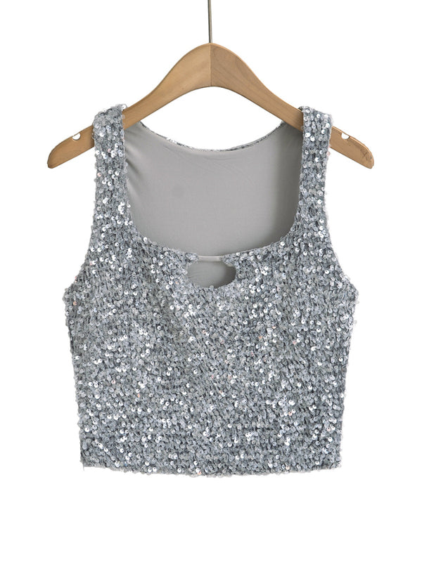 New Hot Girl Fashion Casual Sequined Sexy Square Neck Hollow Navel Vest