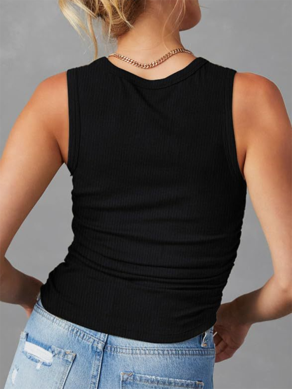 New Sleeveless Knitted Slim Side Pleats Solid Color Round Neck Vest