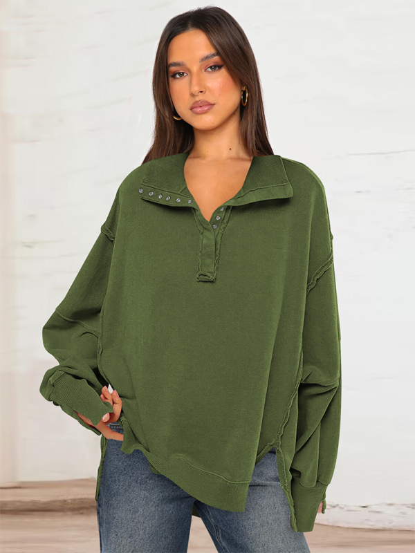 Women's Lantern Sleeve Decorative Lines Split Lapel Loose Sweatshirt