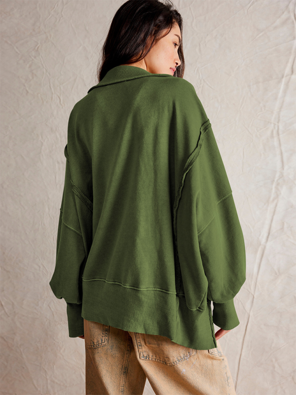 Women's Lantern Sleeve Decorative Lines Split Lapel Loose Sweatshirt