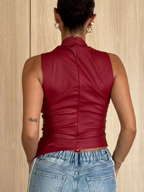 New Leather Stacked Neck Personalized Waist Slant Hem Sleeveless Top