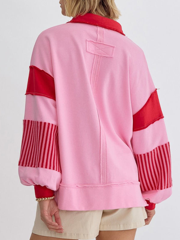 Women's Sweatshirt OversizedPolo Neck Striped Colorblocking Top