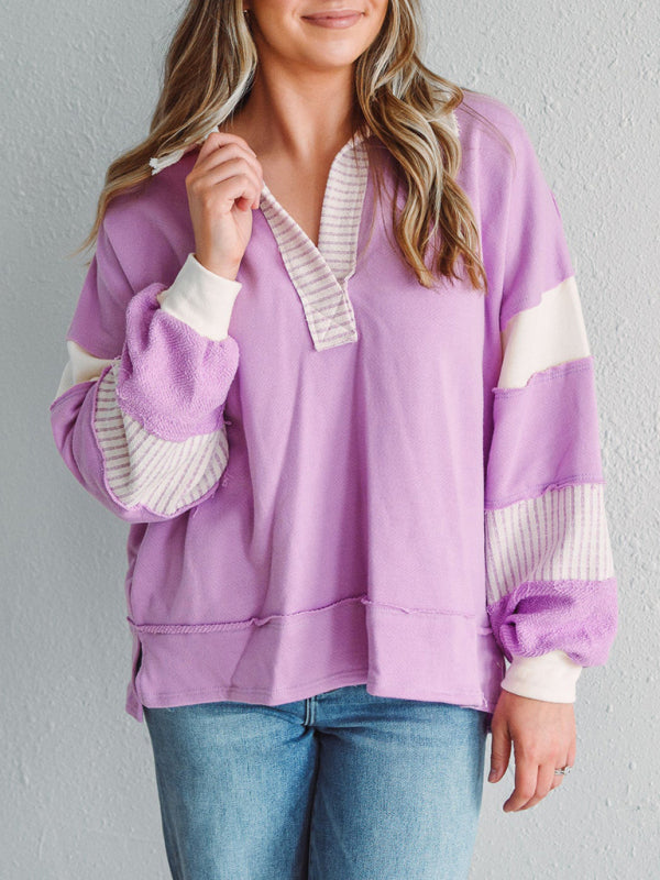 Women's Sweatshirt OversizedPolo Neck Striped Colorblocking Top