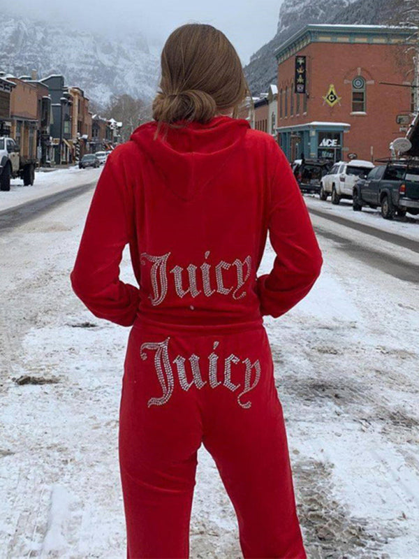 Women's casual solid color letter hot diamond sportswear long-sleeved hooded sweatshirt loose trousers two-piece suit