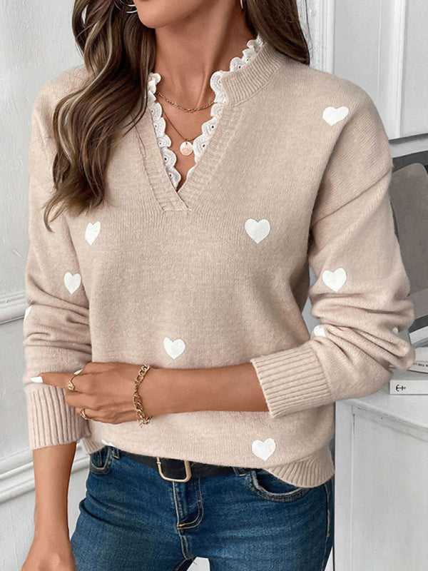 Love round neck sweater new Valentine's Day V-neck splicing lace pullover sweater