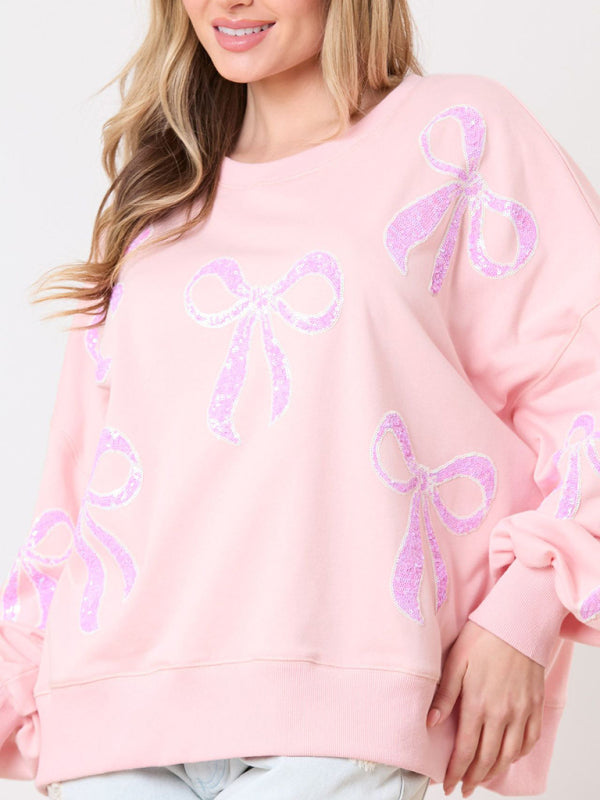 Women's Sweet Loose Pullover Bow Ribbon Sequined Round Neck Sweater