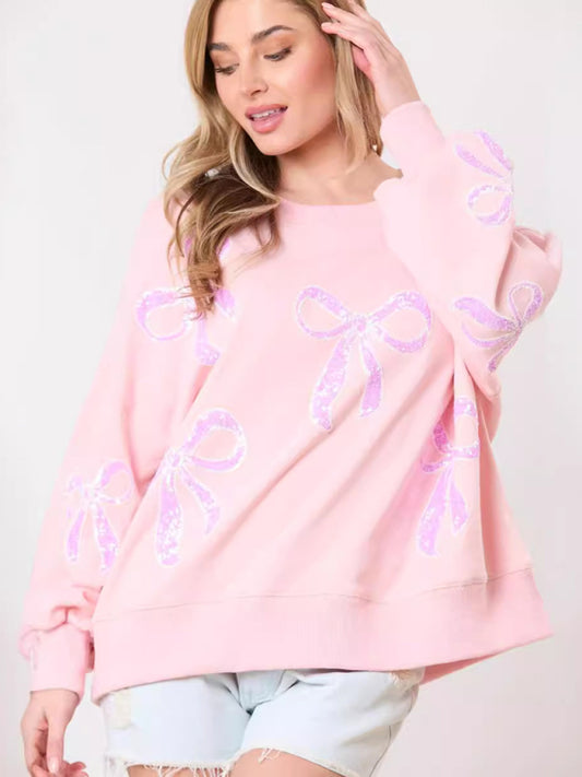 Women's Sweet Loose Pullover Bow Ribbon Sequined Round Neck Sweater