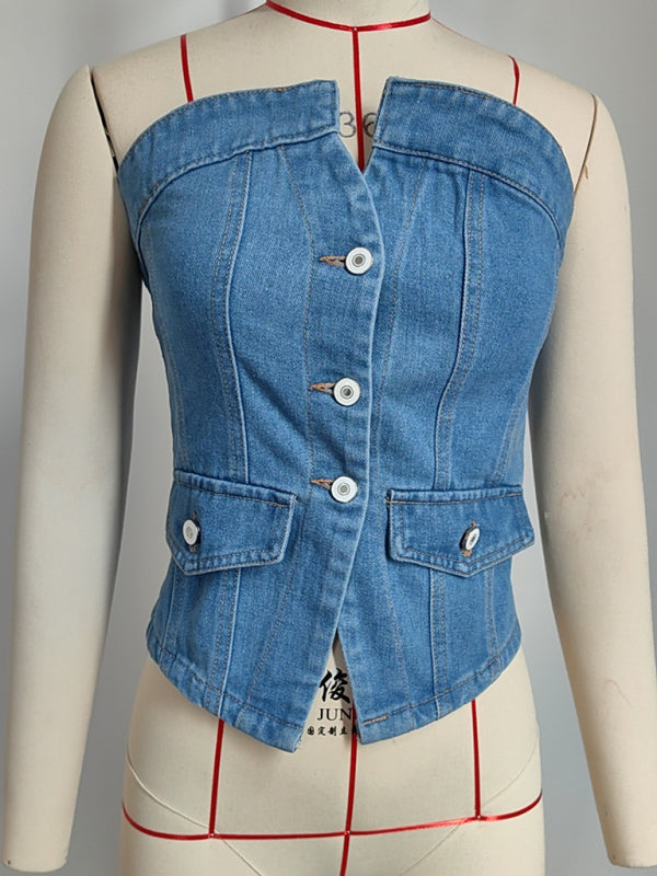 New style one-row buttoned off-shoulder slim washed denim sexy tube top