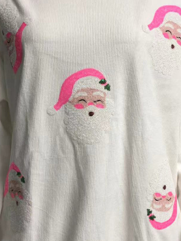 New Women's Santa Claus Sequin Embroidery Loose Casual Long Sleeve Sweater