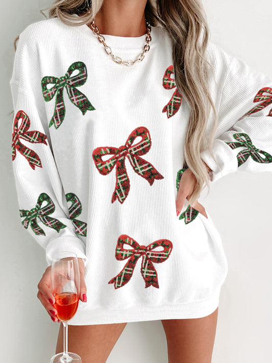 New Year Christmas Women's Bow Sequin Round Neck Loose Sweater