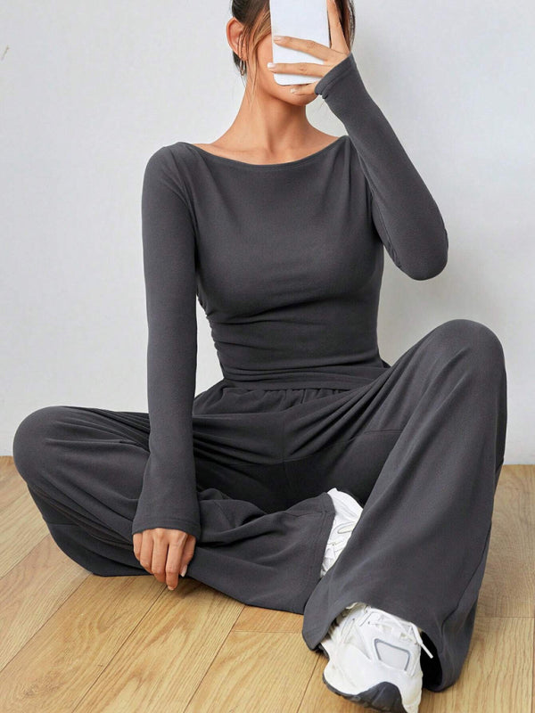 Women's solid color long-sleeved casual wide-leg trousers fashionable two-piece set